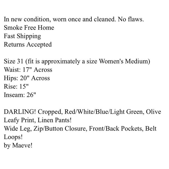 MAEVE Anthropologie Olive Leaves Colette Crop Wide Leg Pants sz. 31 Fit sz. M - Picture 11 of 11